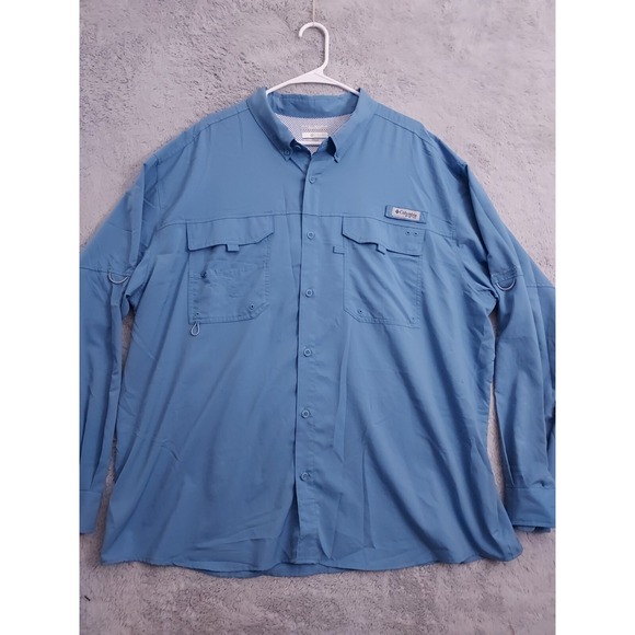 Columbia PFG Shirt Mens 2XL XXL Omni Shade Blood N Guts Fishing Boating Blue - Picture 2 of 12
